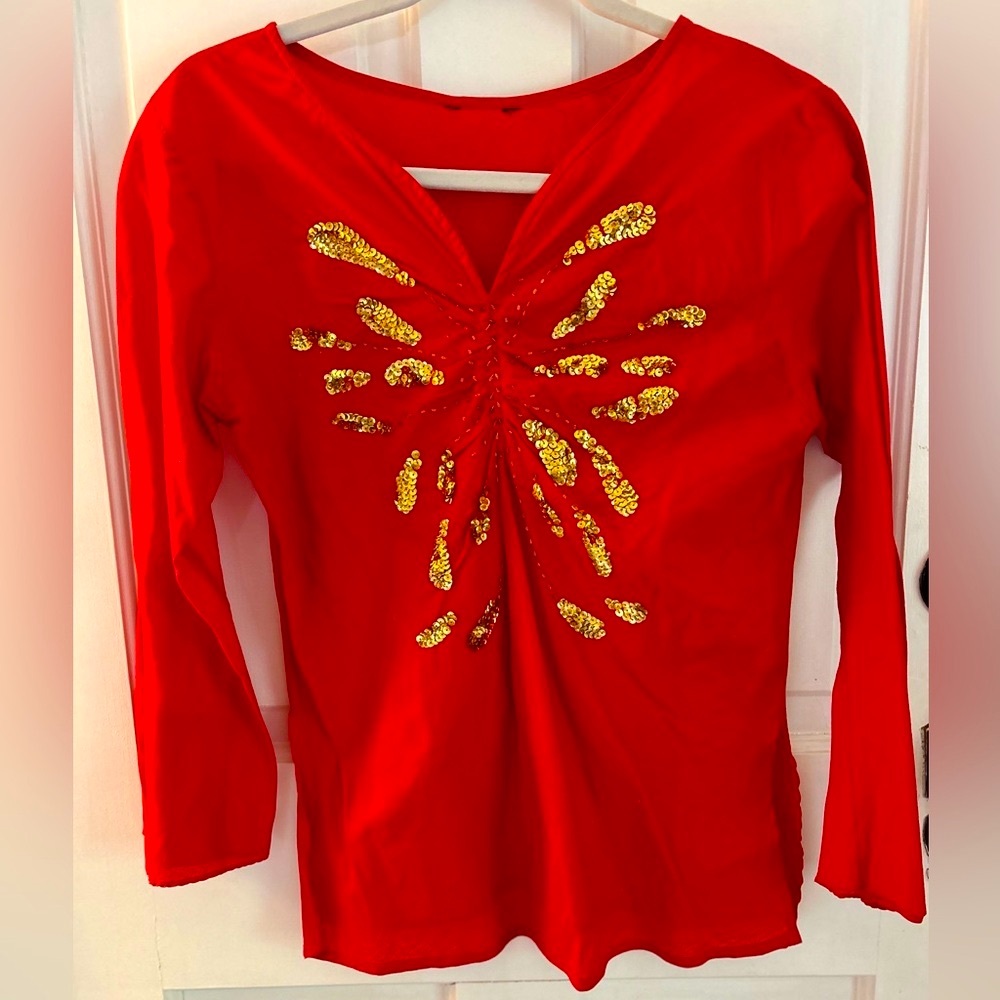 Lightweight red & gold party top. Handmade in India.